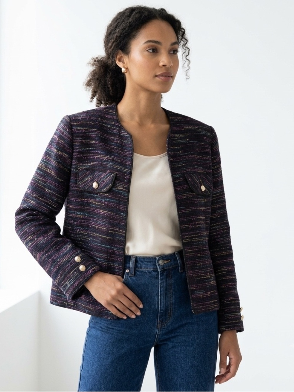 Vintage D’Allaird’s Tweed Cardigan Jacket Open Front Boxy Blazer (Medium?)